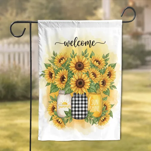 Welcome Sunflowers Mason Jar Buffalo Check - Farmhouse Summer Home Decor Gift Garden Flag