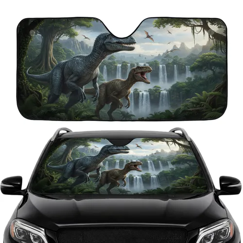 Prehistoric Dinosaurs Jungle Waterfall Ancient Trees Pterosaurs - Road Trip Gift Car Sunshade