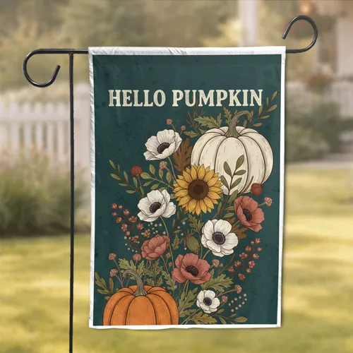 Hello Pumpkin Text White Pumpkin Fall Botanical Home Decor Gift Garden Flag