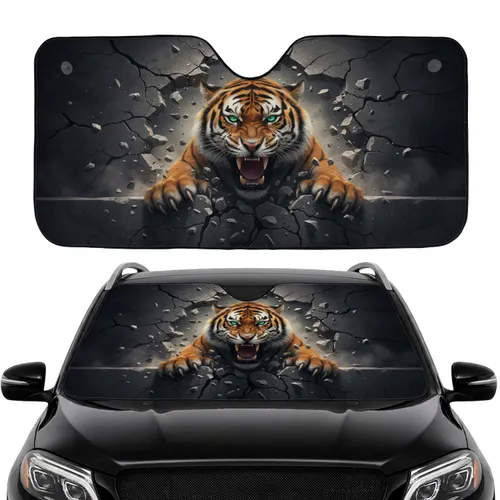 Roaring Bengal Tiger Shattering Concrete - Wildlife Lover Car Interior Upgrade Car Sunshade