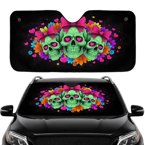 Sugar Skulls Pink Bows Flowers Floating Hearts Dark Smoke Road Trip Auto Gift Car Sunshade