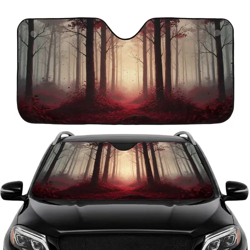 Dark Bare Tree Trunks Vivid Red Autumn Leaves Ethereal Forest Fog Car Interior Upgrade Car Sunshade