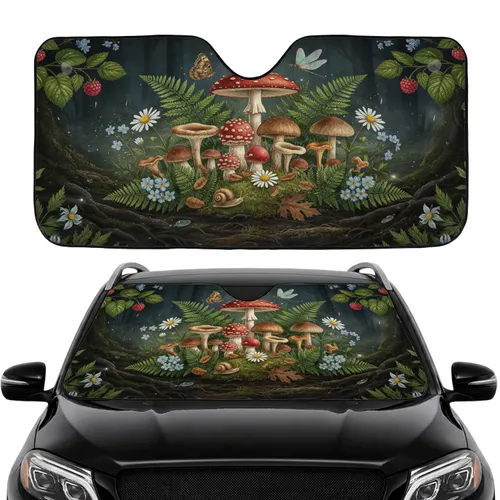 Mystical Woodland Mushroom Fungi Fern Daisy Butterfly Snail Car Interior Upgrade Car Sunshade