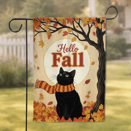 Black Cat Autumn Leaves Hello Fall - Harvest Home Decor Cat Lover Gift Garden Flag