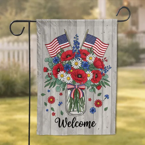 Mason Jar Patriotic Floral Welcome - USA 250th Anniversary Home Decor for American Flag Lovers Garden Flag