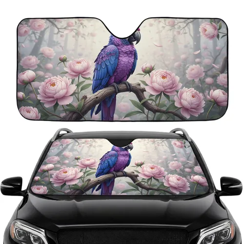 Majestic Purple Blue Macaw Parrot Pink Peonies Floral - Car Interior Upgrade Wildlife Lover Gift Car Sunshade