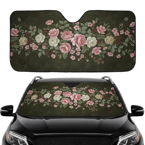 Dense Floral Bloom Green Leaves Berry Clusters - Car Interior Upgrade Car Sunshade