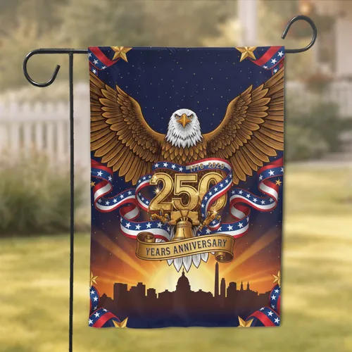 Bald Eagle American Flag Liberty Bell Cityscape - USA 250th Anniversary Independence Day Gift Garden Flag