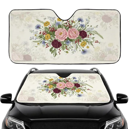 Dense Vibrant Blush Pink Wildflower Botanical Blooms & Foliage - Car Interior Upgrade Car Sunshade