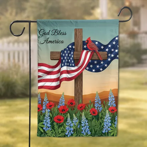 God Bless America Rustic Cross American Flag Cardinal Patriotic Home Decor Gift Garden Flag