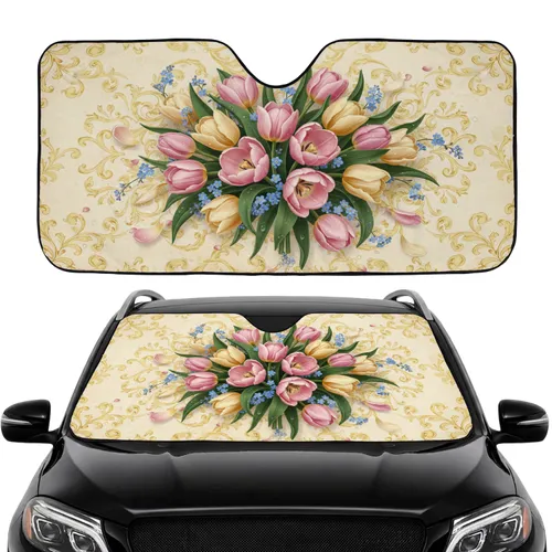 Tulips Forget-Me-Nots Floral Bouquet Golden Scrollwork Vintage Parchment Car Interior Upgrade Car Sunshade