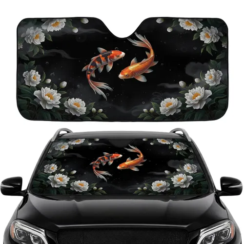 Vibrant Koi Fish White Flowers Luminous Night Pond - Car Interior Upgrade Car Sunshade