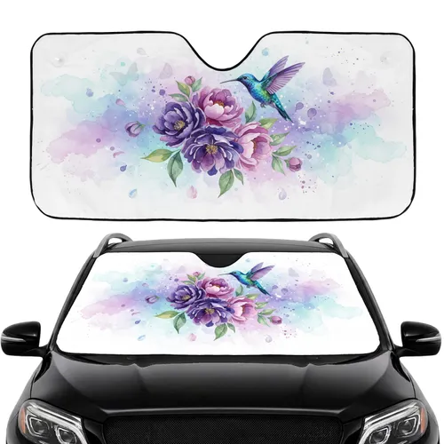 Iridescent Blue Teal Hummingbird Purple Flowers - Road Trip Car Interior Upgrade Car Sunshade