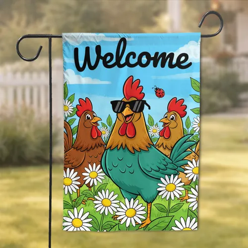 Welcome Cheerful Roosters Sunglasses Daisies - Farmhouse Entryway Decor Gift Garden Flag