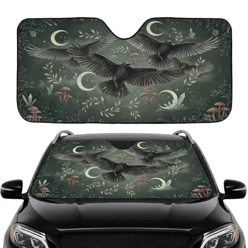 Nocturnal Ravens Forest Crescent Moon Mushrooms - Commute Accessory Car Sunshade