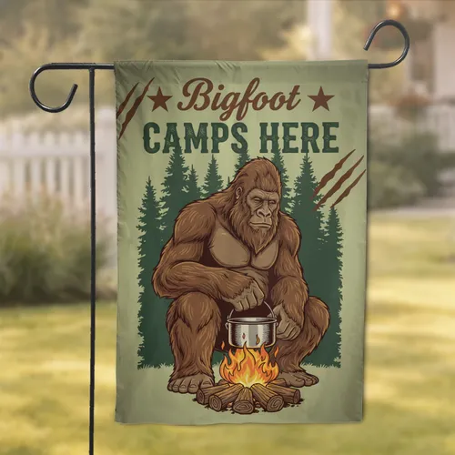 Bigfoot Camps Here Campfire Pine Trees - Camping Enthusiast Home Decor Gift Garden Flag