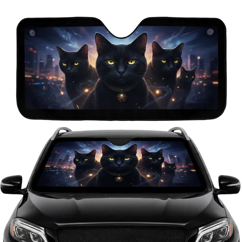 Black Cats Luminous Yellow Eyes Twilight Cityscape - Car Interior Upgrade Cat Lover Gift Car Sunshade