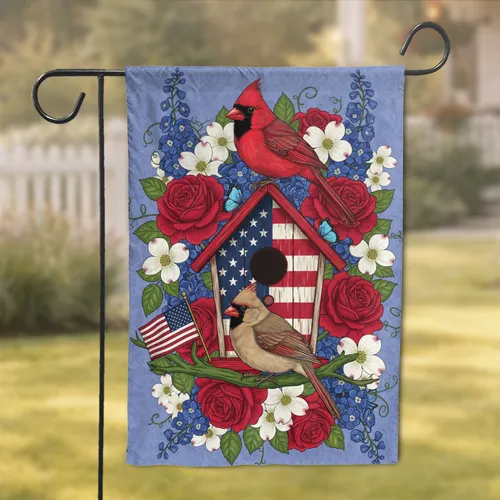 Rustic Birdhouse American Flag Cardinal - Independence Day Home Decor Gift for Bird Lovers Garden Flag