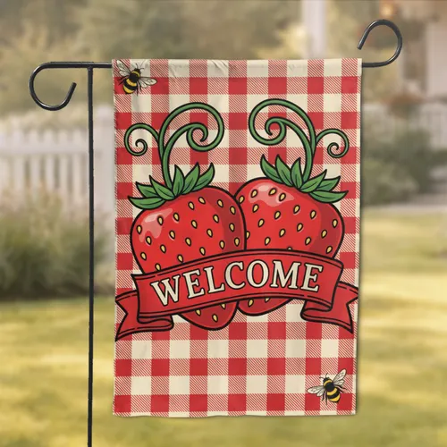 Two Red Strawberries Welcome Banner Bumblebees Gingham Picnic - Spring Summer Home Decor Garden Flag
