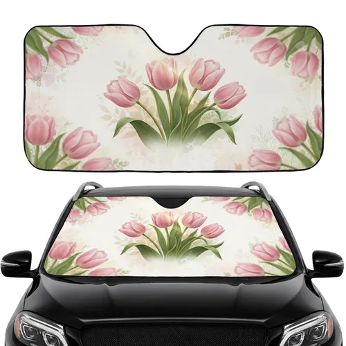 Pink Tulips Lush Foliage Floral Botanical - Road Trip Essential Car Interior Upgrade Car Sunshade