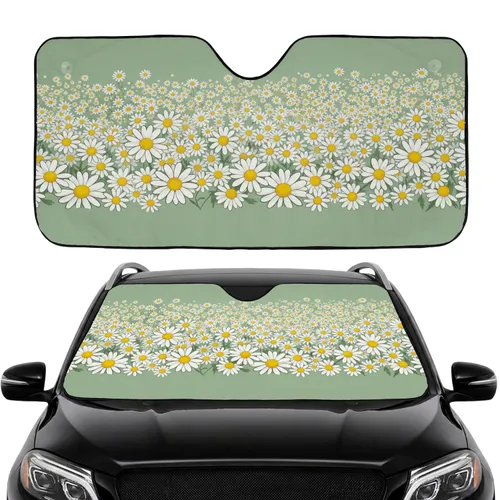 White Daisy Flowers Botanical Sage Green Field - Car Interior Upgrade Car Sunshade