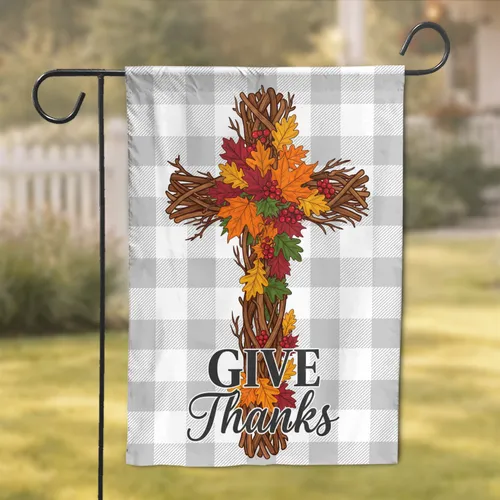 GIVE Thanks Rustic Wood Cross Autumn Foliage - Thanksgiving Autumn Home Decor Garden Flag