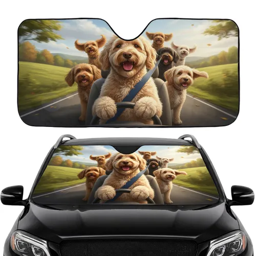 Golden Doodles Driving Car Scenic Road Trip - Commute Accessory for Dog Lovers Car Sunshade