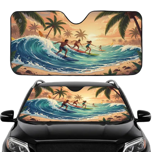 Stylized Surfers Ocean Waves Tropical Beach Palm Trees - Road Trip Gift Car Sunshade