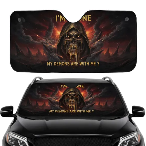 Menacing Fiery Skull with 'I'M ALONE' Text - Car Interior Upgrade Car Sunshade