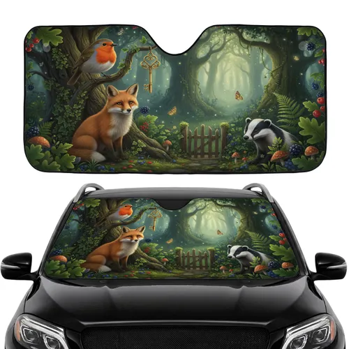 Enchanted Forest Fox Badger Robin Golden Key Gate - Car Interior Upgrade Road Trip Car Sunshade