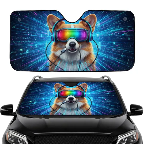 Corgi Dog VR Goggles Cyber-Futuristic Digital Realm Car Interior Upgrade for Dog Lovers Car Sunshade