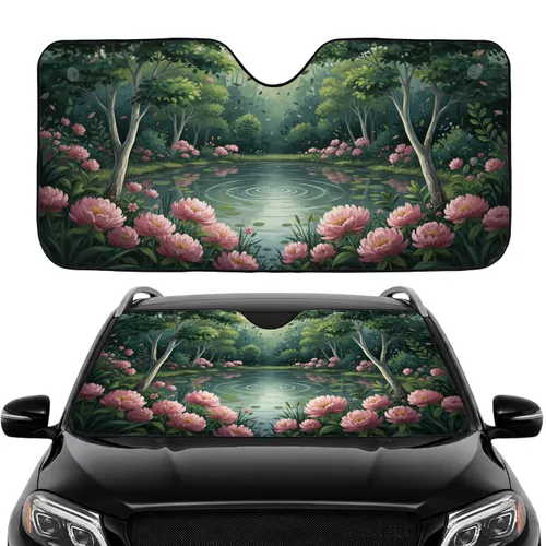 Verdant Pond Landscape Graceful Trees Pink Flowers - Road Trip Commute Accessory Car Sunshade