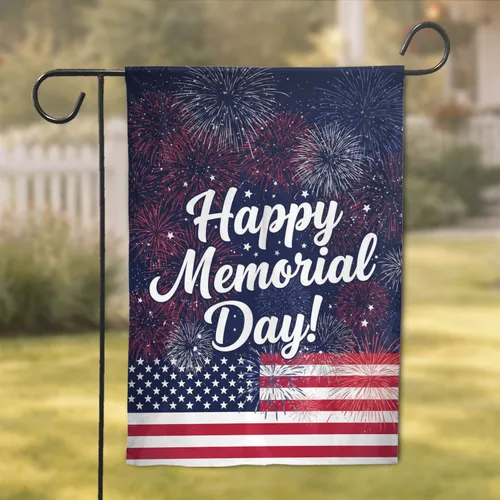 Happy Memorial Day Fireworks Stars American Flag Stripes - Patriotic Celebration Garden Flag