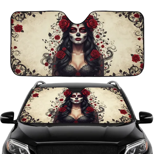 Calavera Woman Red Roses Filigree Day of the Dead - Car Interior Upgrade Car Sunshade
