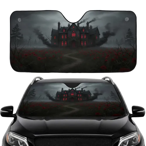 Dilapidated Gothic Mansion Crimson Poppy Field - Car Interior Upgrade Gothic Lover Gift Car Sunshade