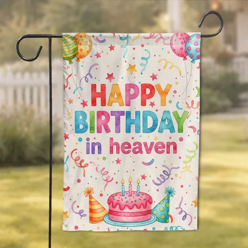 Happy Birthday in Heaven Cake Balloons Confetti Stars - Heavenly Remembrance Gift Garden Flag