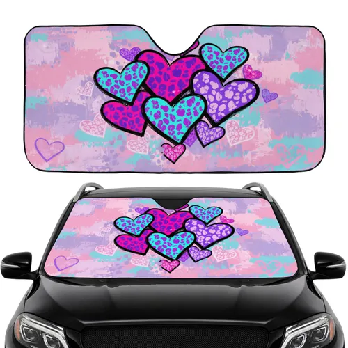 Candy Pink Leopard Print Hearts - Car Interior Upgrade Road Trip Travel Essentials Car Sunshade