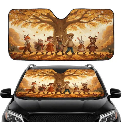 Seven Animal Child Characters Autumn Forest - Autumn Road Trip Gift for Kids Car Sunshade