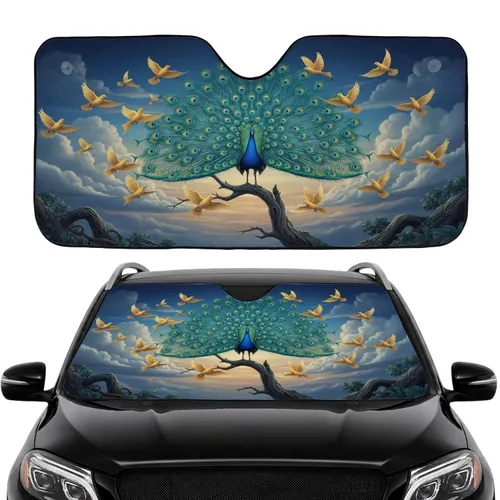 Peacock Fanned Tail Gnarled Tree, Golden Birds, Twilight Sky - Car Interior Upgrade Car Sunshade