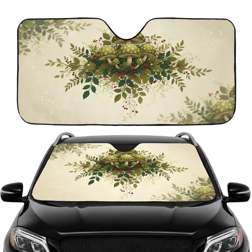 Polka Dot Mushroom Cap Clusters Berries Leaves Sprigs - Road Trip Travel Accessory Car Sunshade
