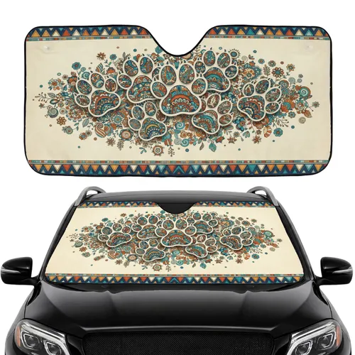 Boho Tribal Paw Prints Floral - Road Trip Travel Essentials Car Sunshade