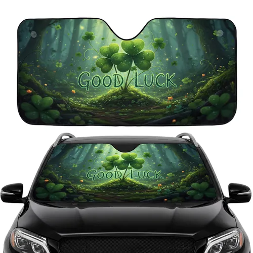 Shamrock Four Leaf Clover Good Luck Emerald Script Mystical Forest Glade - Travel Essentials Car Sunshade