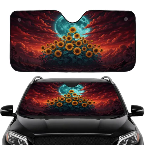 Golden Sunflowers Teal Moon Storm Clouds Night Sky - Car Interior Upgrade Car Sunshade