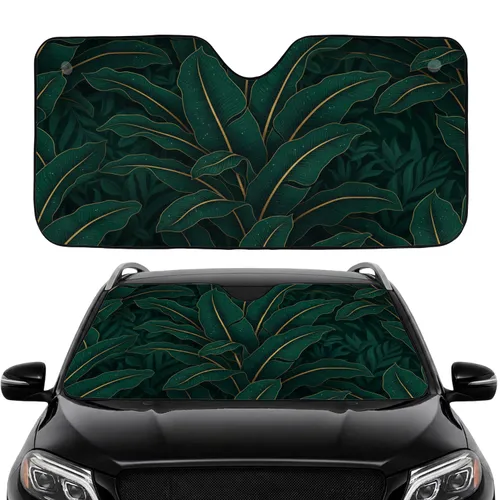 Deep Emerald Tropical Leaves Metallic Gold Veins - Car Interior Upgrade Car Sunshade