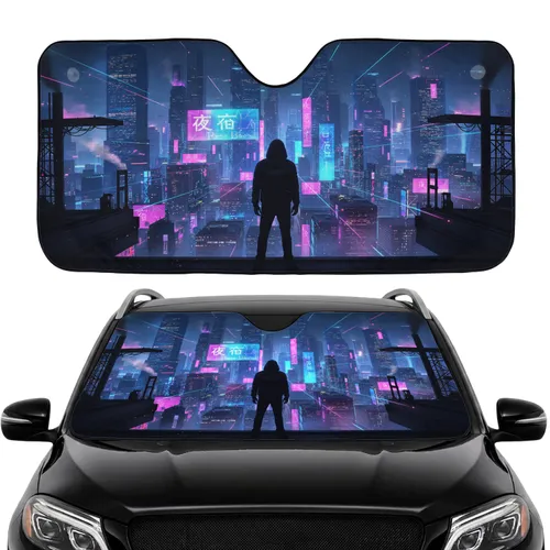 Lone Figure Cyberpunk City Night - Car Interior Upgrade For Sci-Fi Lover Car Sunshade