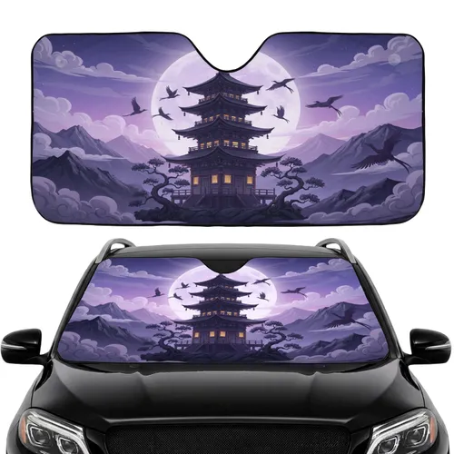 Traditional Japanese Pagoda Luminous Moon Birds Mountain Ranges - Car Interior Upgrade Car Sunshade
