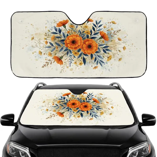 Marigold Orange Wildflowers Navy Foliage Golden Botanical - Car Interior Upgrade Car Sunshade