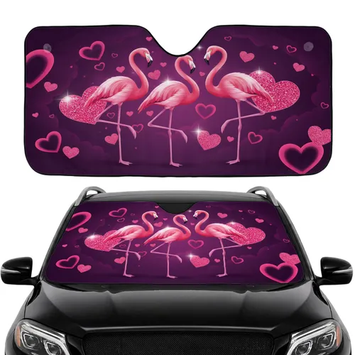 Pink Flamingos Glitter Hearts - Road Trip Gift for Flamingo Lover Car Sunshade