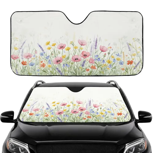 Wildflower Field Poppies Lavender Buttercups - Car Interior Upgrade Car Sunshade