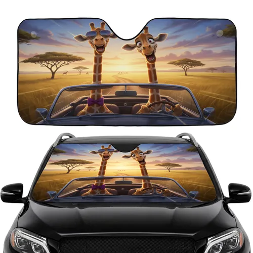 Excited Giraffes Driving Classic Convertible - Road Trip Gift for Safari Lovers Car Sunshade